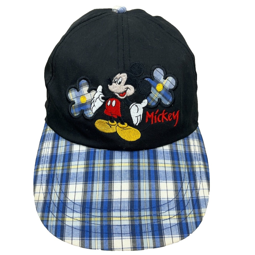 Vintage Disney Hat Cap Womens Stretch Fit Black Blue Plaid Mickey Mouse 90s Y2K